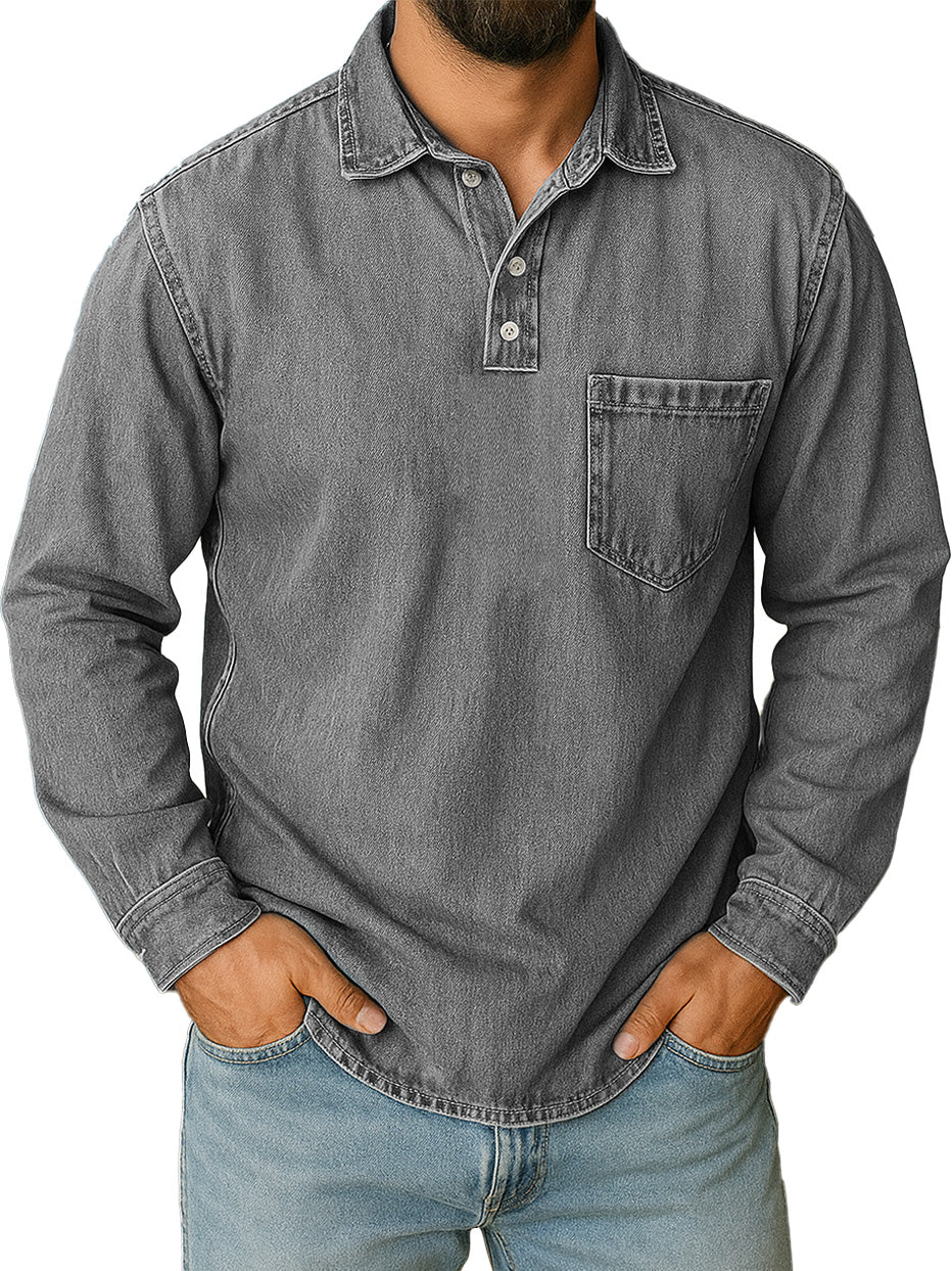 Men's Stylish Vintage Distressed Pocket Lapel Long-sleeved Polo Shirt 