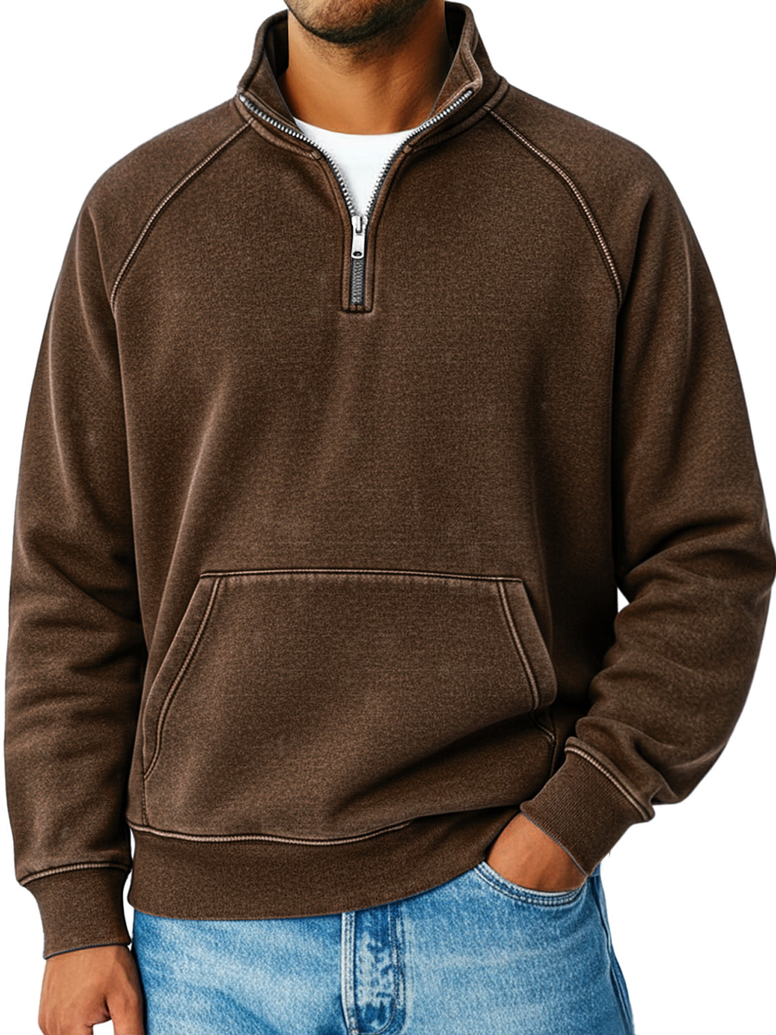 Men's Retro Raglan Sleeve Stand Collar Zipper Loose Casual Sweatshirt