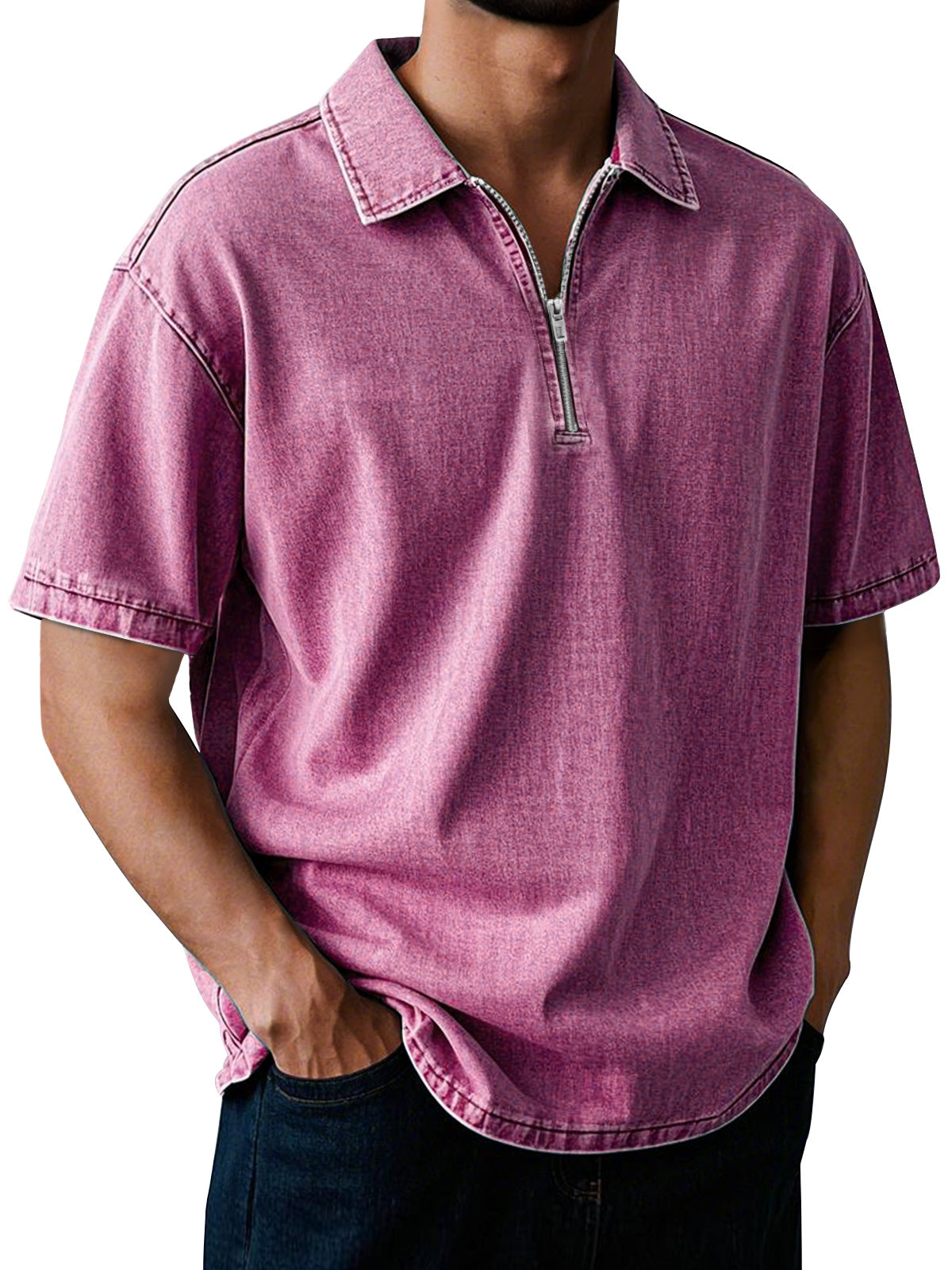 Men's Casual Retro Lapel Zipper Solid Color Short Sleeve POLO Shirt