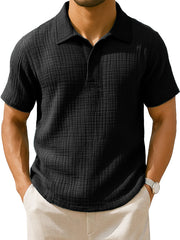  Men's Clothing Fashionable Casual Jacquard Pleated Fabric Lapel Short-sleeved Loose Polo Shirt 