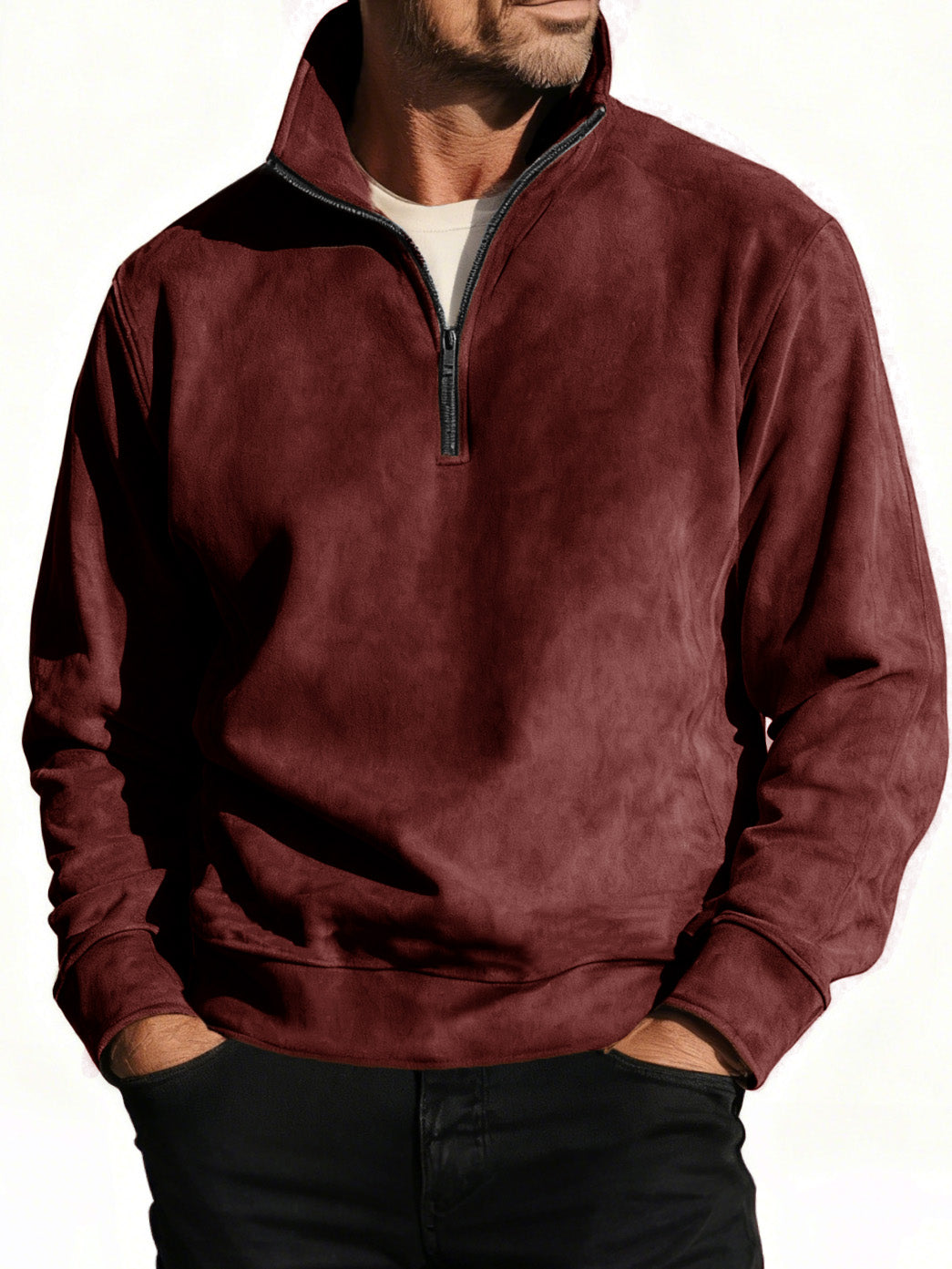 Men's Stylish Casual Suede Fabric Stand-up Collar Half-zip Long-sleeved Sweatshirt 