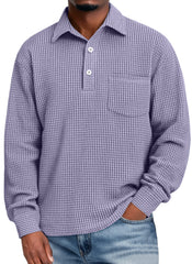 Men's Everyday Corduroy Corn Plaid Lapel Button-down Casual Pocket Long-sleeved Polo Shirt