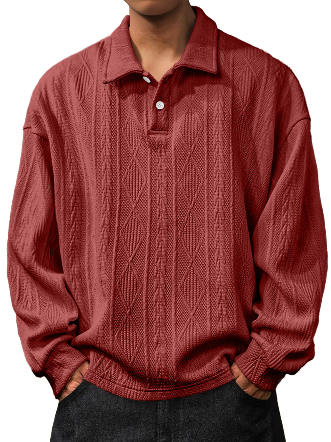 Men's Daily Jacquard Texture Lapel Button Long Sleeved Polo Shirt