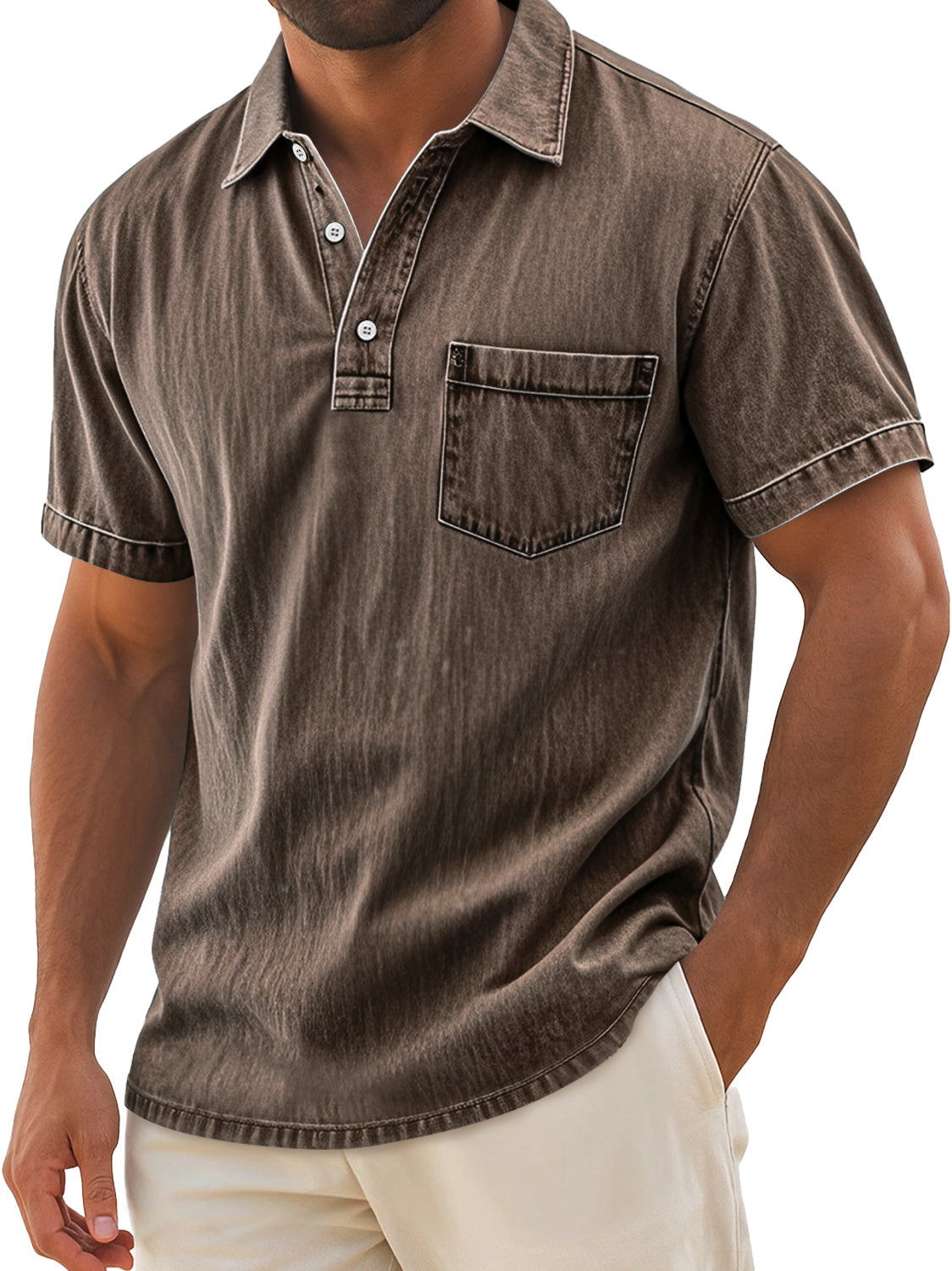 Men's Retro Casual Lapel Pocket Solid Color Short Sleeve Polo Shirt