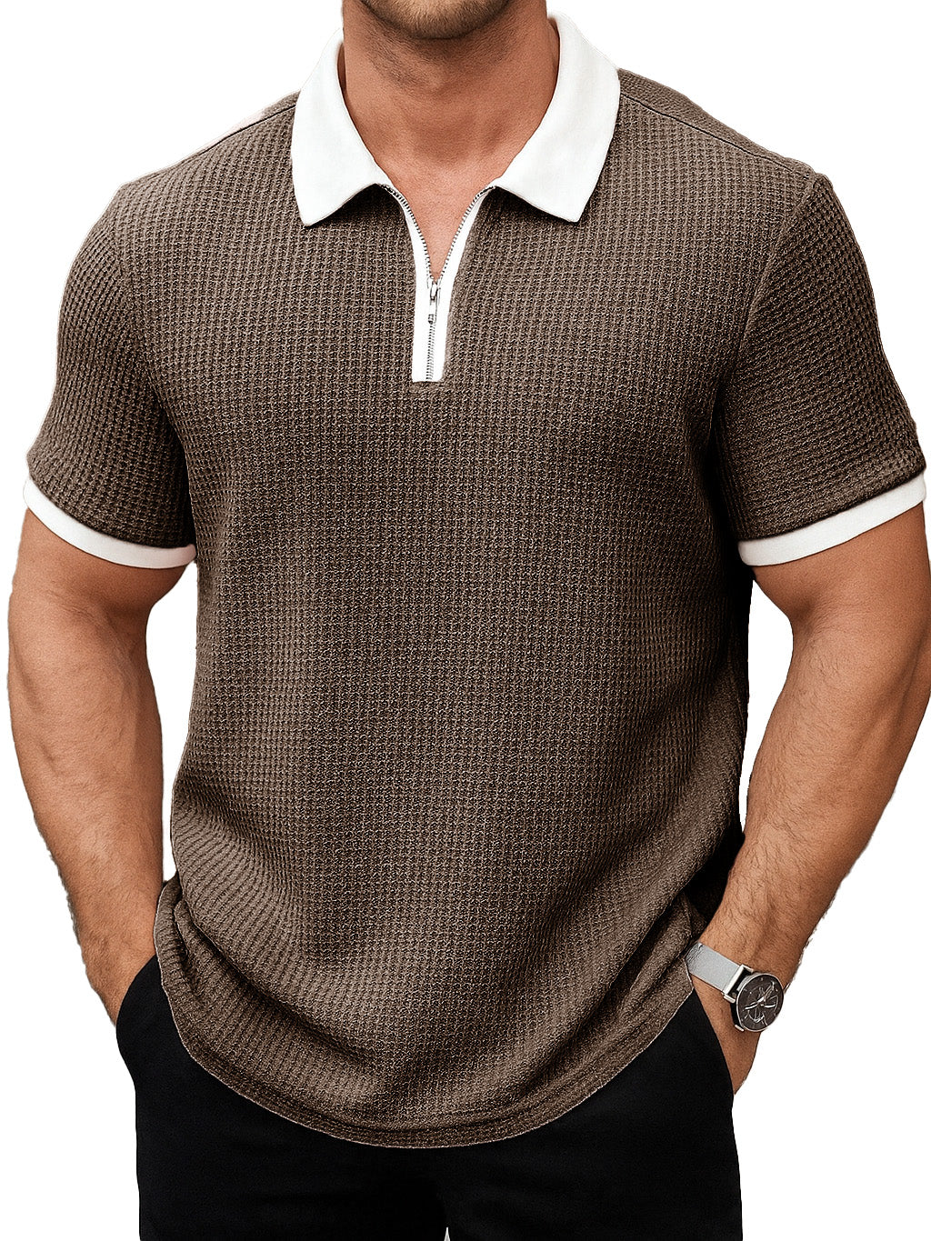 Men's Daily Casual Patchwork Waffle Fabric Lapel Short-sleeved Polo Shirt 