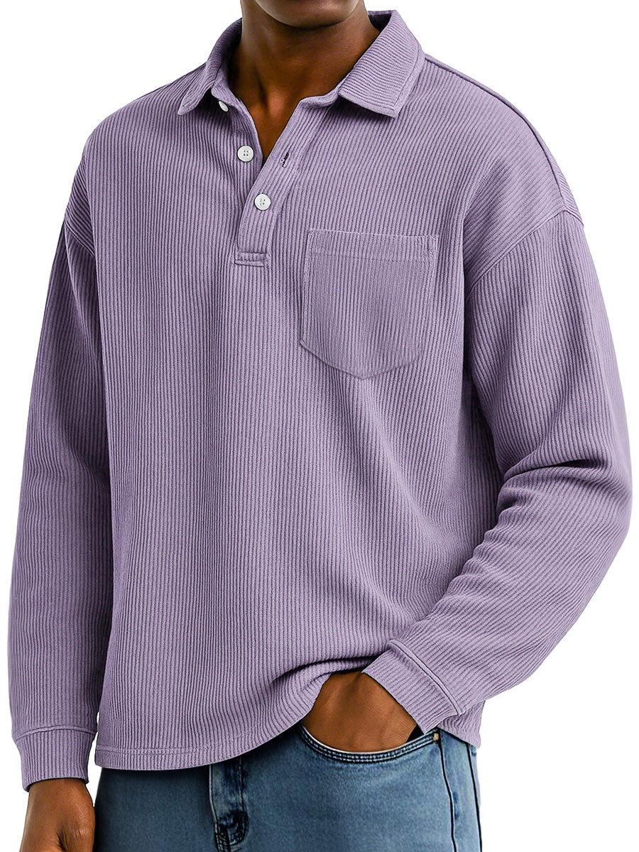 Men's Daily Ribbed Lapel Button-down Casual Pocket Polo Shirt
