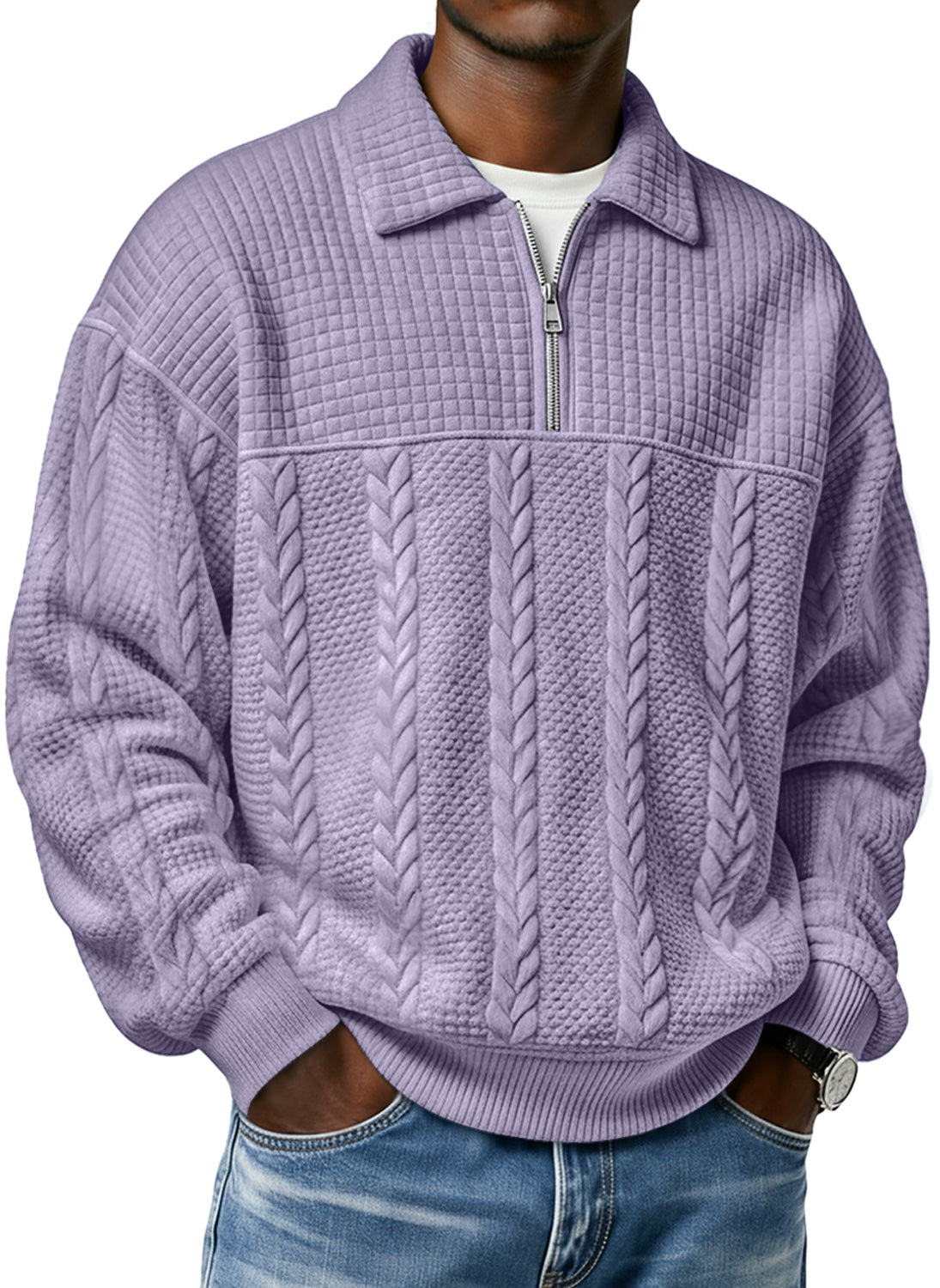 Men's Textured Lapel Zipper Casual Long Sleeve Polo Shirt