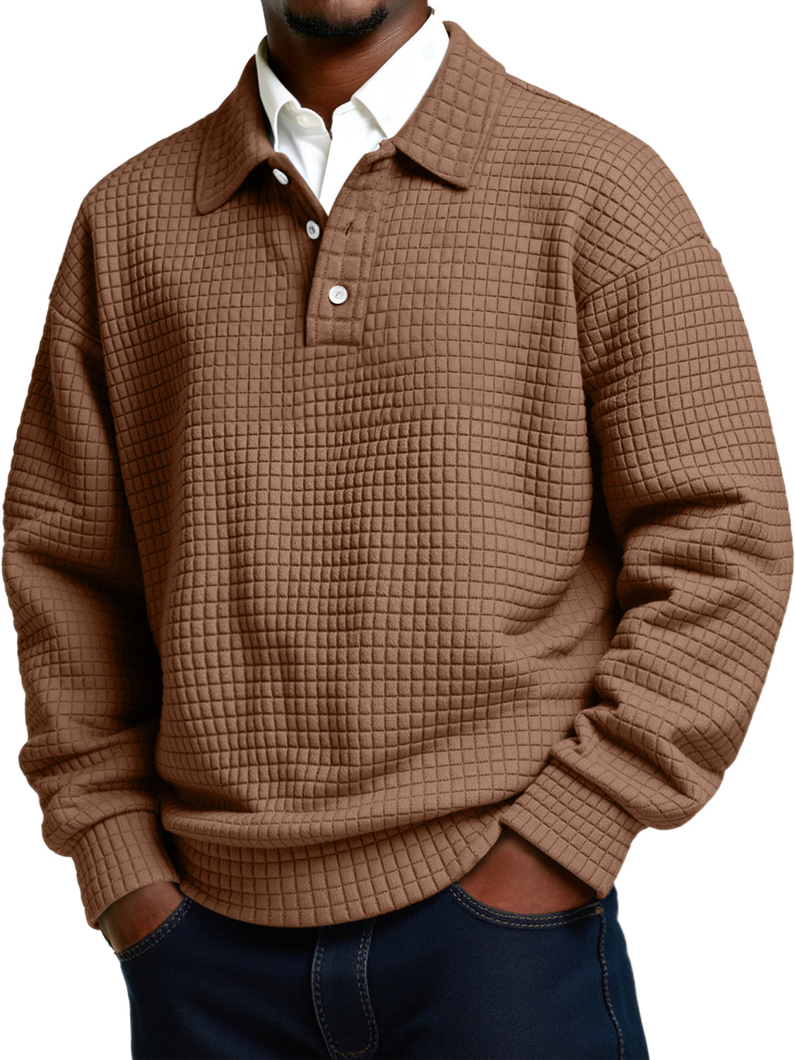 Men's Daily Small Plaid Lapel Button Casual Long-sleeved Polo Shirt