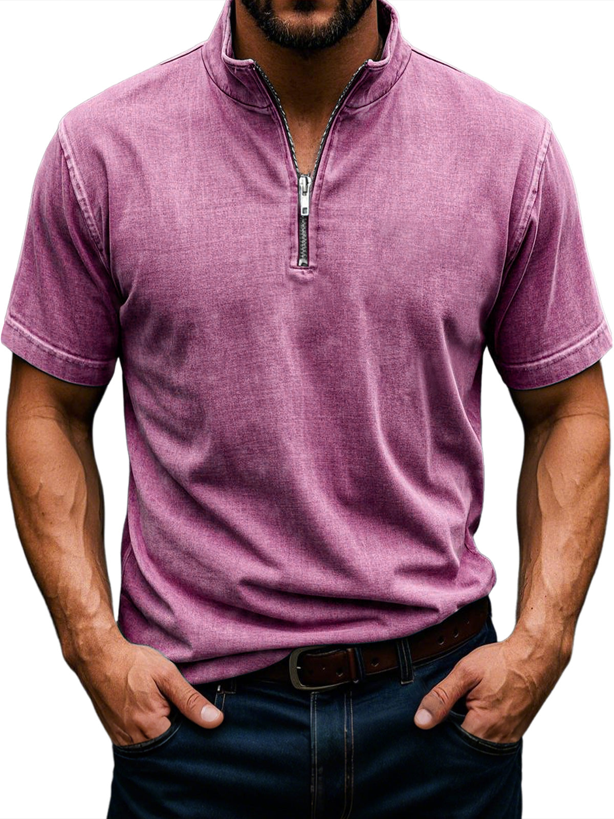 Men's Retro Stand Collar Zipper Casual Solid Color Short Sleeve T-Shirt