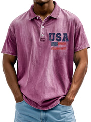 Men's Vintage American Independence Day Flag Print Lapel Short Sleeve Polo Shirt