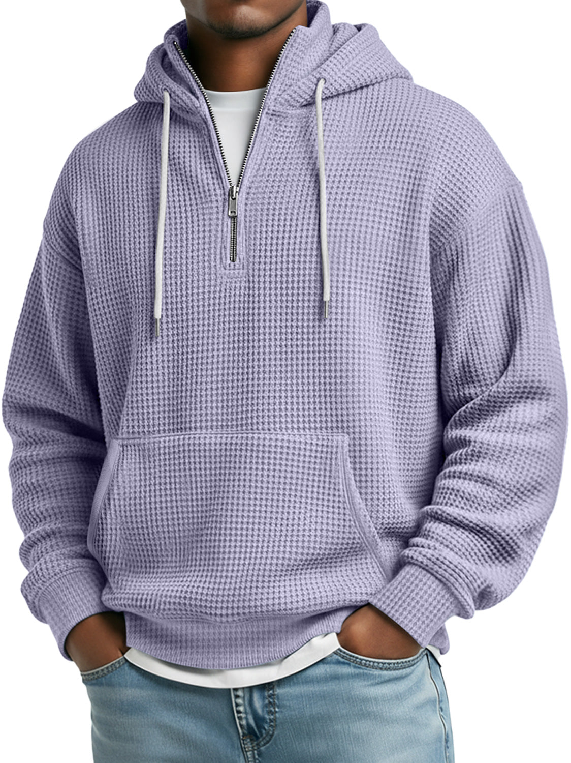 Men's Daily Waffle Stand Collar Zipper Casual Loose Hooded Sweatshirt