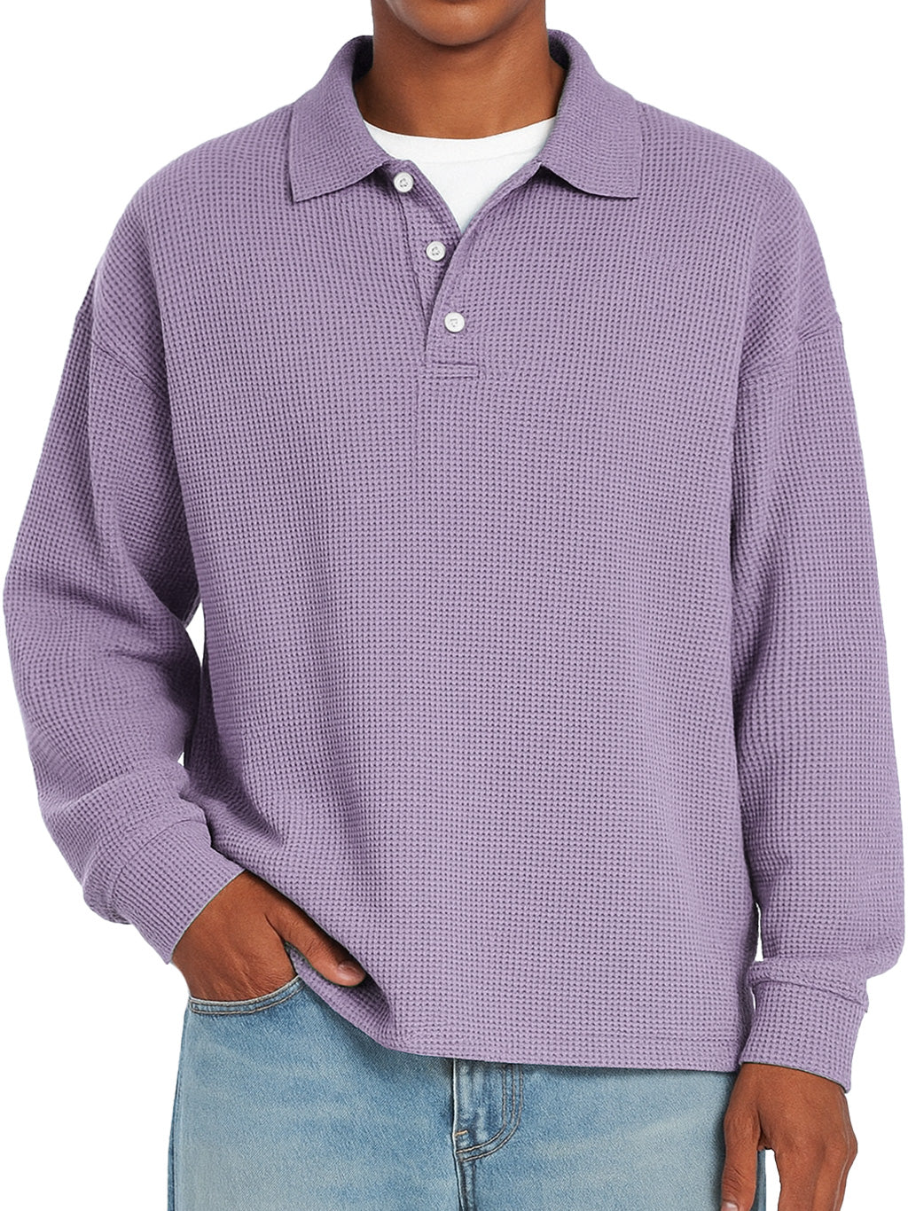 Men's Daily Waffle Casual Lapel Button Loose Long Sleeve Polo Shirt