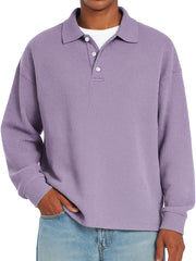 Men's Daily Waffle Casual Lapel Button Loose Long Sleeve Polo Shirt