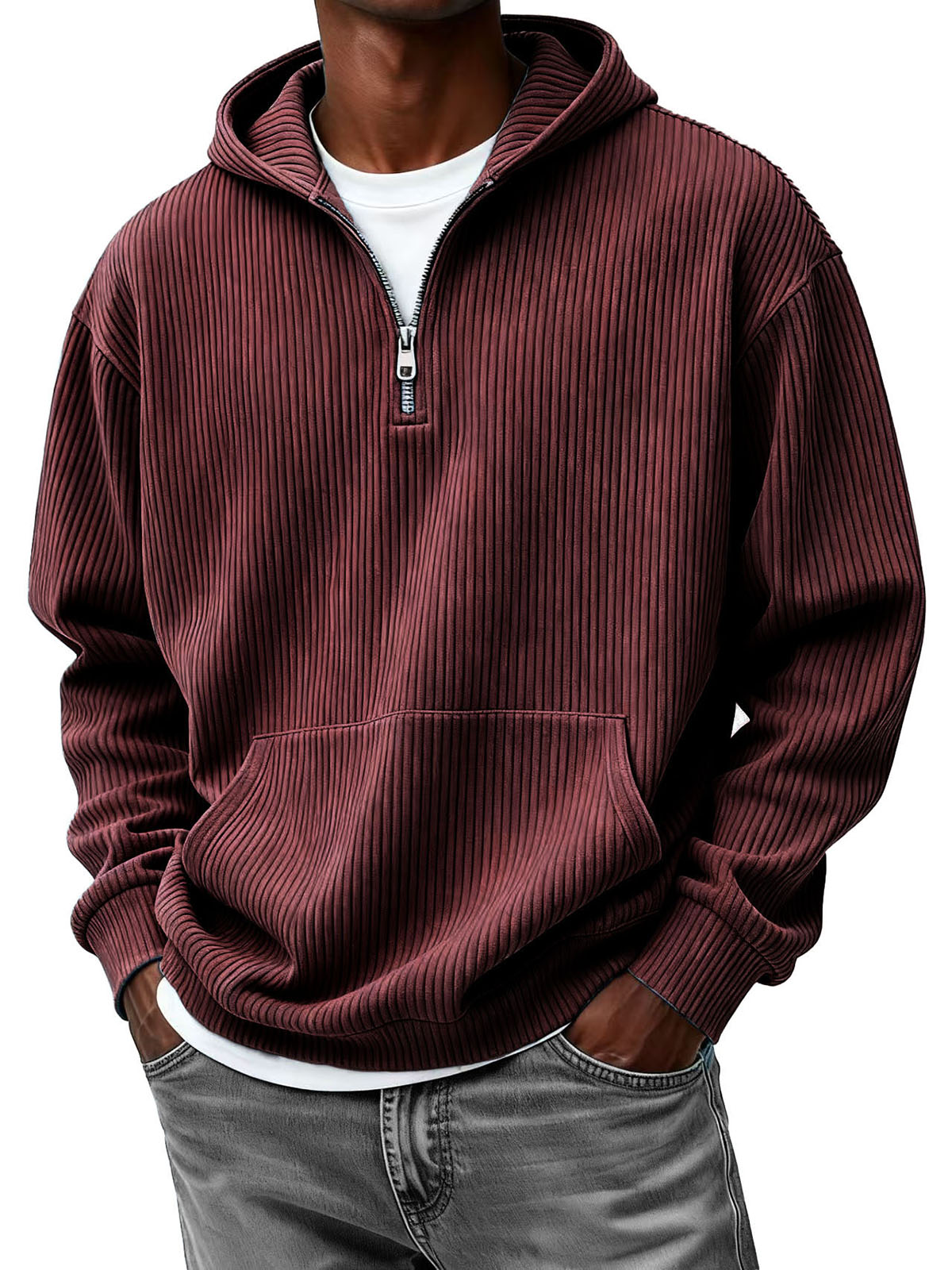 Men's Clothing Fashionable Casual Pit Strip Fabric Zipper Pockets Hooded Long-sleeved Sweatshirt 