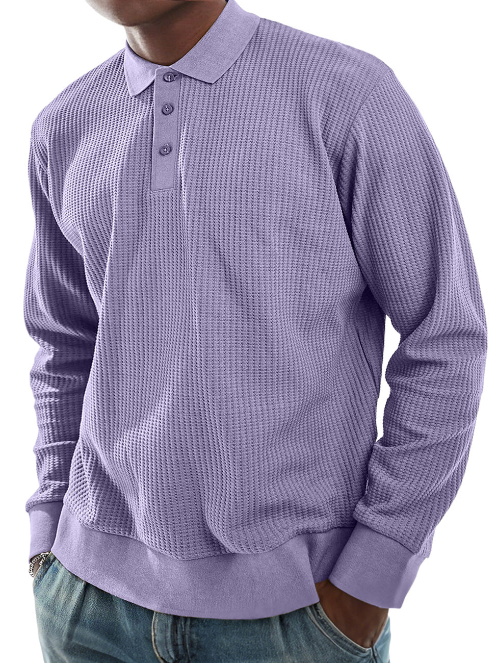 Men's Everyday Waffle Lapel Button-down Casual Long-sleeved Polo Shirt