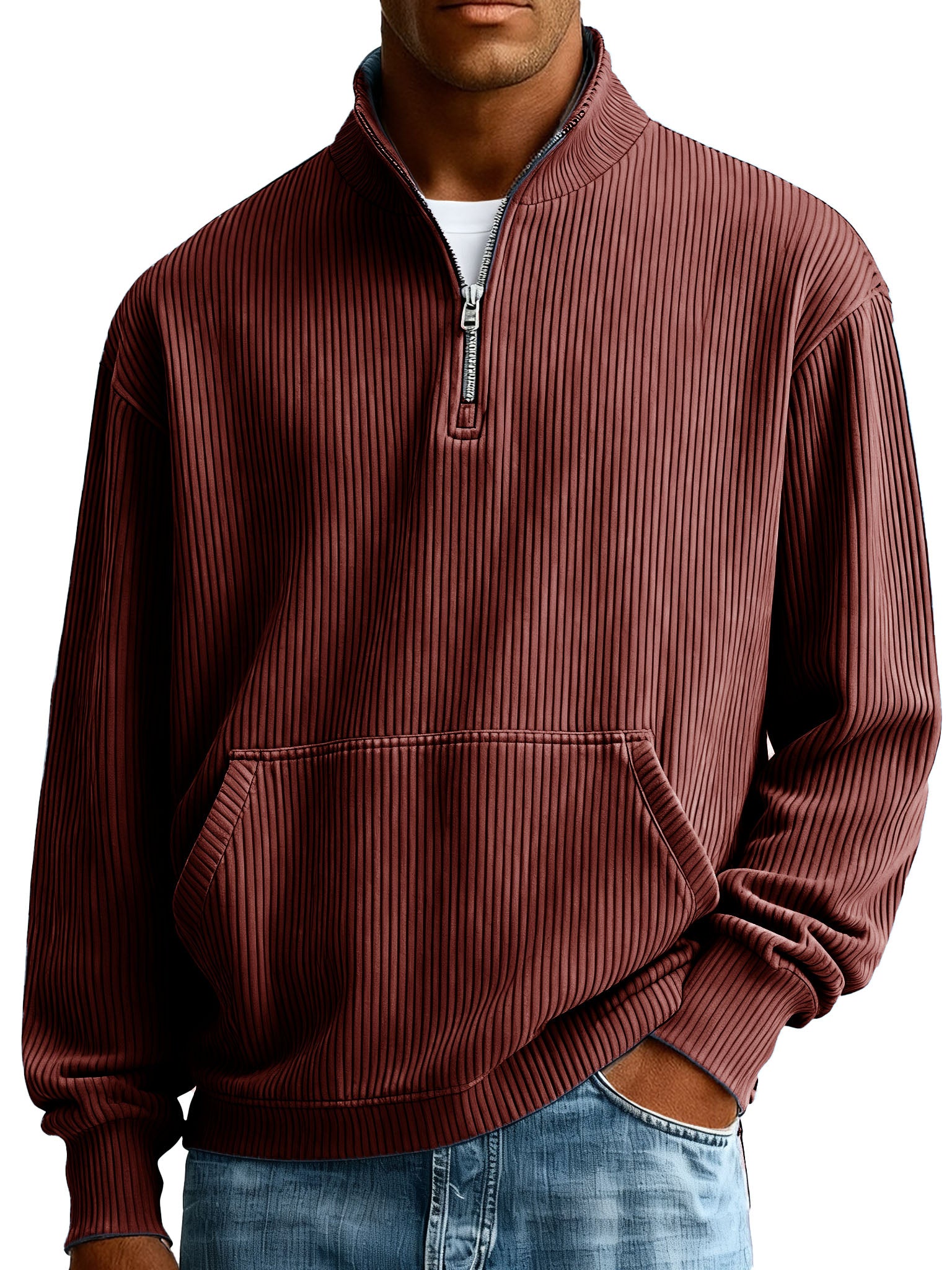  Men's Fashionable Casual Ribbed Fabric Stand-up Collar Half-zip Long-sleeved Sweatshirt