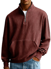  Men's Fashionable Casual Ribbed Fabric Stand-up Collar Half-zip Long-sleeved Sweatshirt