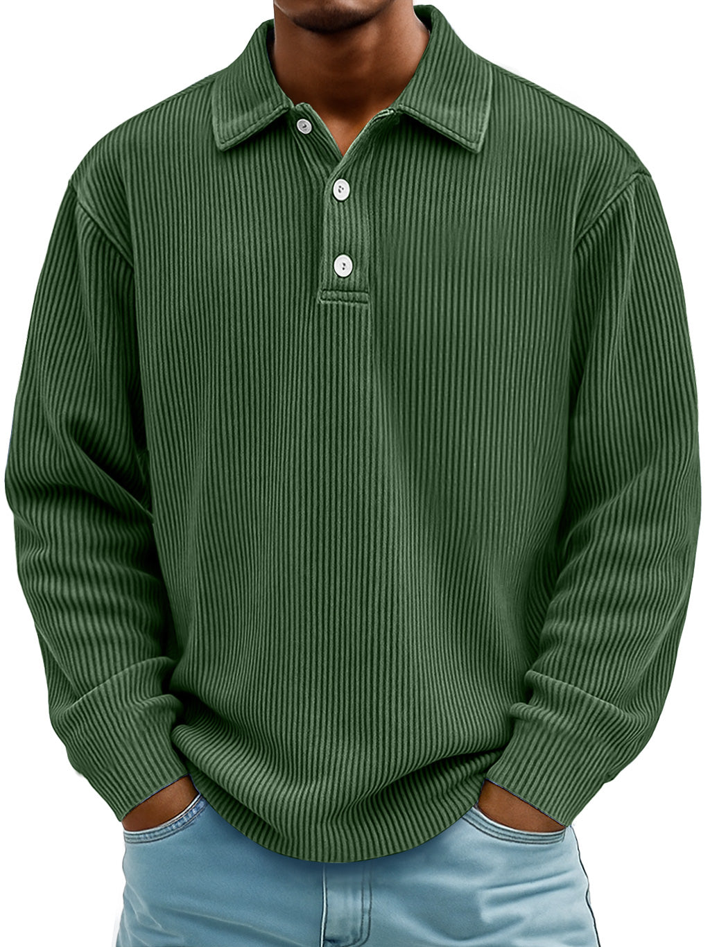 Men's Daily Casual Ribbed Lapel Button-down Loose Long-sleeved Polo Shirt