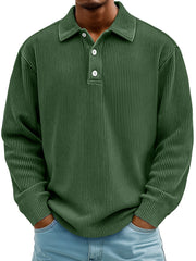 Men's Daily Casual Ribbed Lapel Button-down Loose Long-sleeved Polo Shirt