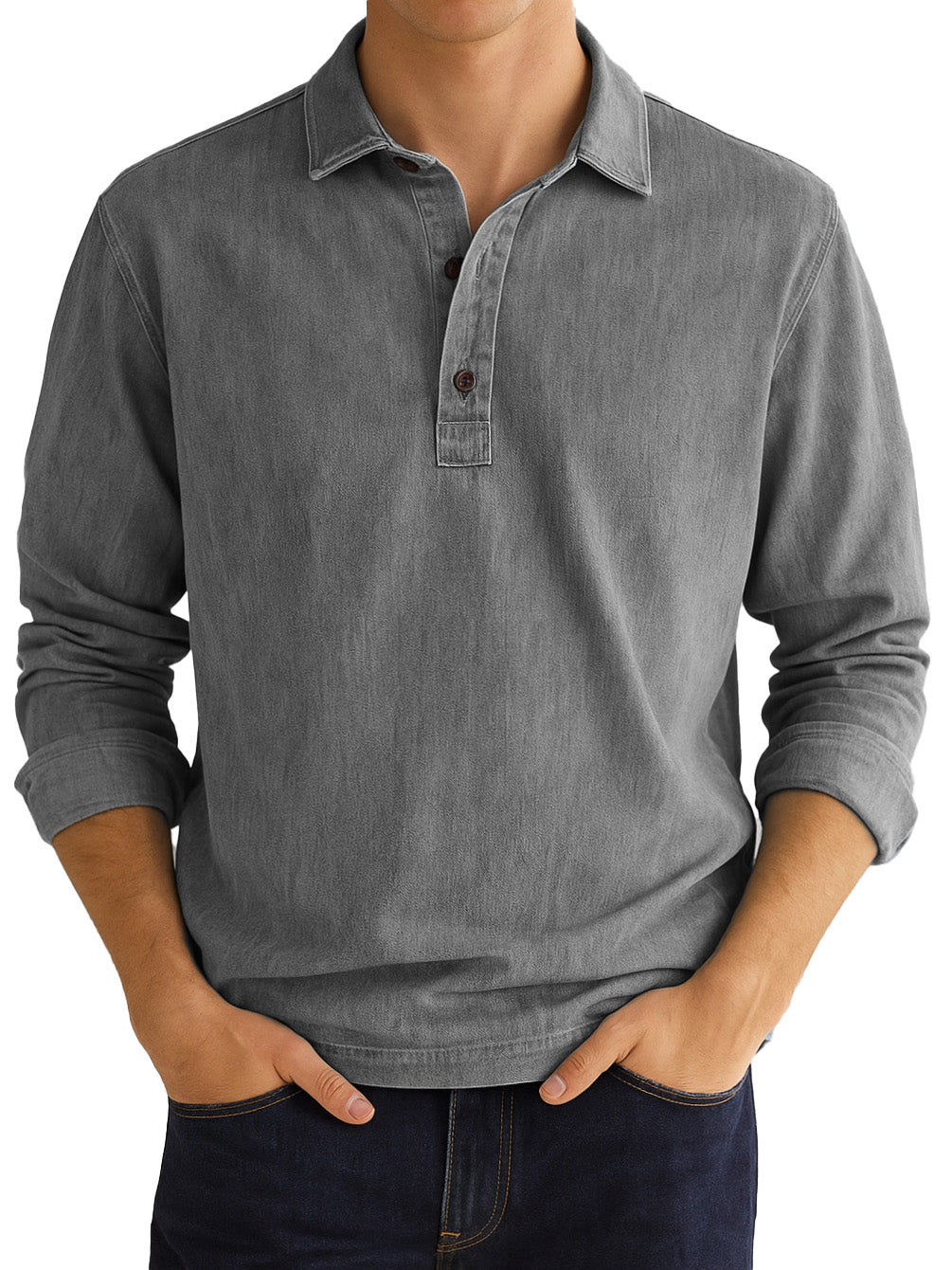  Men's Stylish Vintage Distressed Lapel Long-sleeved Polo Shirt