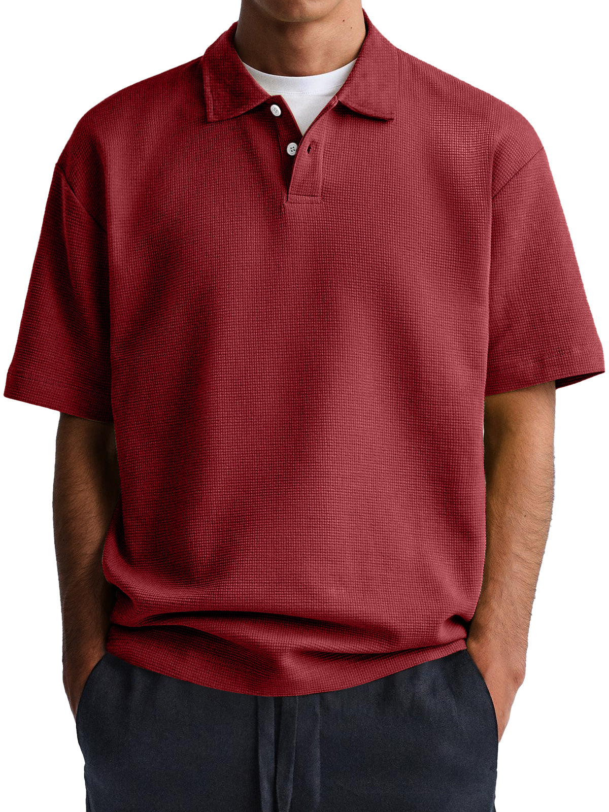 Men's Waffle Casual Lapel Button Down Short Sleeve POLO Shirt
