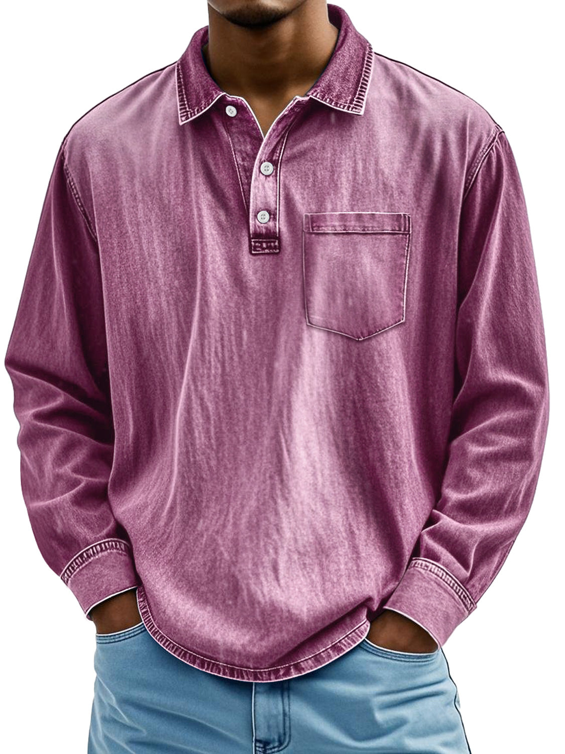 Men's Retro Lapel Button Casual Pocket Comfortable Long Sleeve Polo Shirt