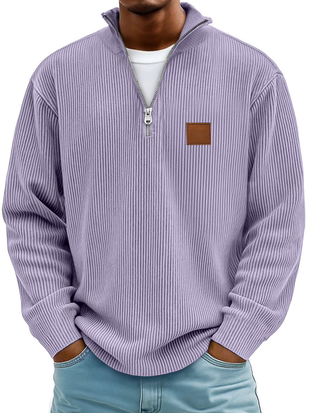 Men's Logo Embroidered Striped Stand Collar Zippered Casual Long Sleeve T-shirt