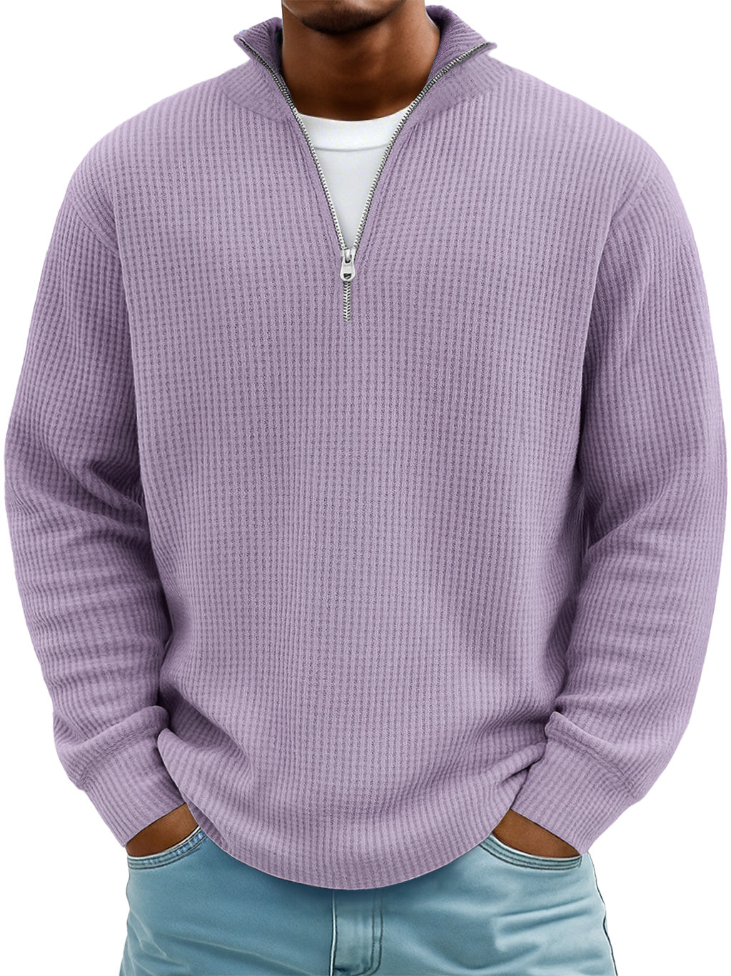 Men's Everyday Waffle Stand Collar Zipper Casual Long Sleeve T-shirt