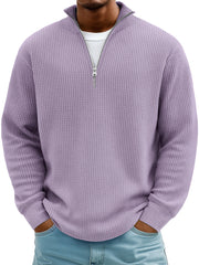 Men's Everyday Waffle Stand Collar Zipper Casual Long Sleeve T-shirt