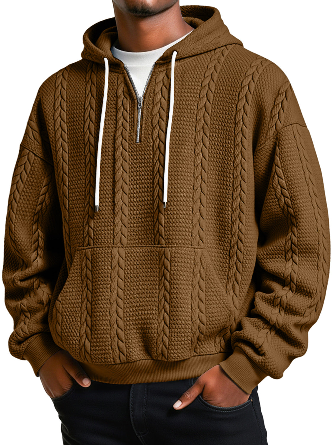 Men's Jacquard Texture Casual Zipper Hooded Loose Sweatshirt