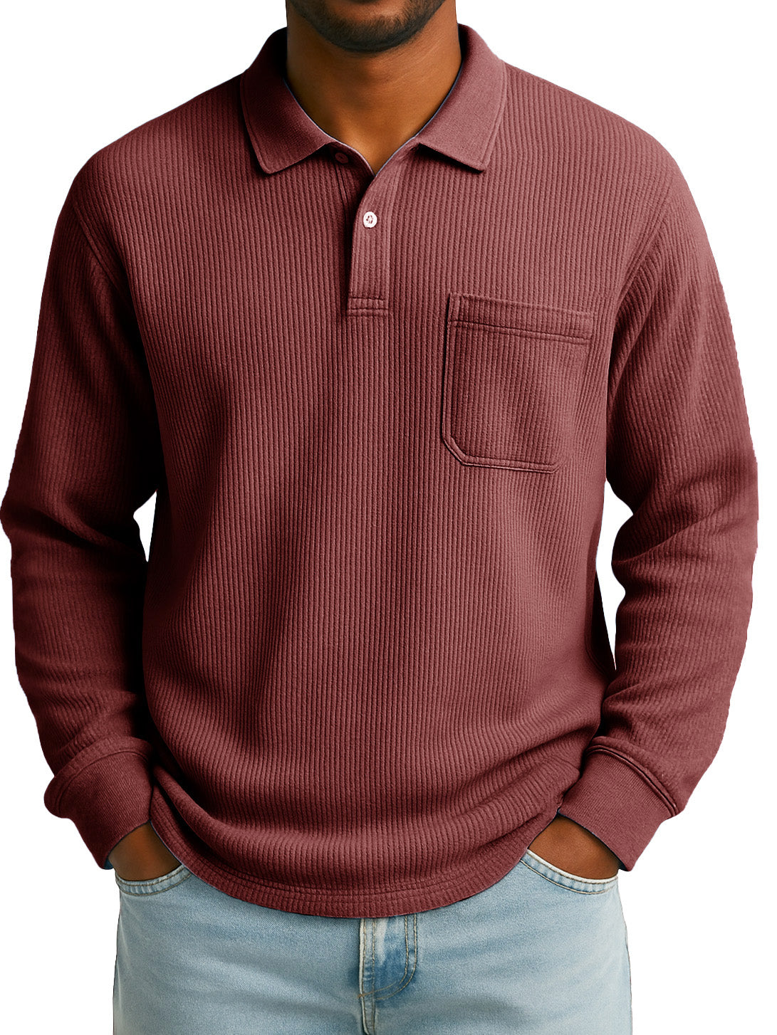 Men's Stylish Everyday Casual Corduroy Fabric Pocket Lapel Long-sleeved Polo Shirt 