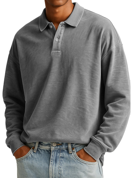  Men's Stylish Casual Padded Lapel Button-stitched Ribbed Long-sleeved Polo Shirt 