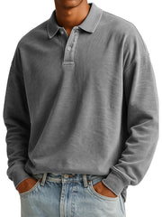  Men's Stylish Casual Padded Lapel Button-stitched Ribbed Long-sleeved Polo Shirt 