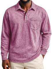 Men's Retro Casual Lapel Pocket Distressed Long-sleeved Polo Shirt