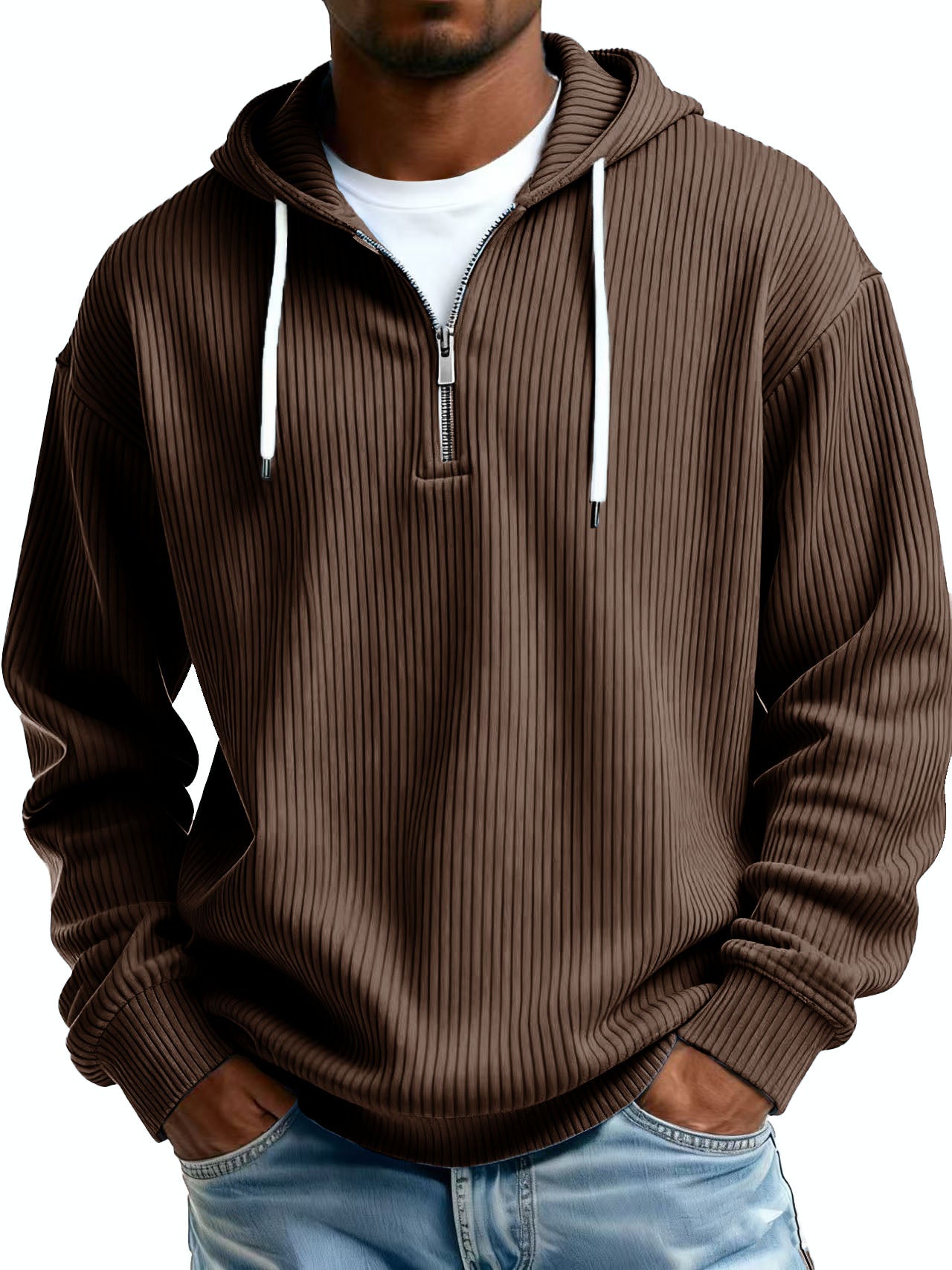 Men's Clothing Fashionable Casual Pit Strip Fabric Zipper Pockets Long-sleeved Sweatshirt 