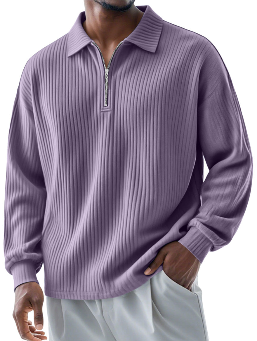 Men's Fashionable Ribbed Lapel Zipper Casual Long-sleeved Polo Shirt