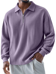 Men's Fashionable Ribbed Lapel Zipper Casual Long-sleeved Polo Shirt