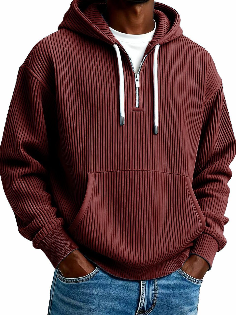 Men's Stylish Casual Ribbed Fabric Half-zip Pocket Hooded Sweatshirt