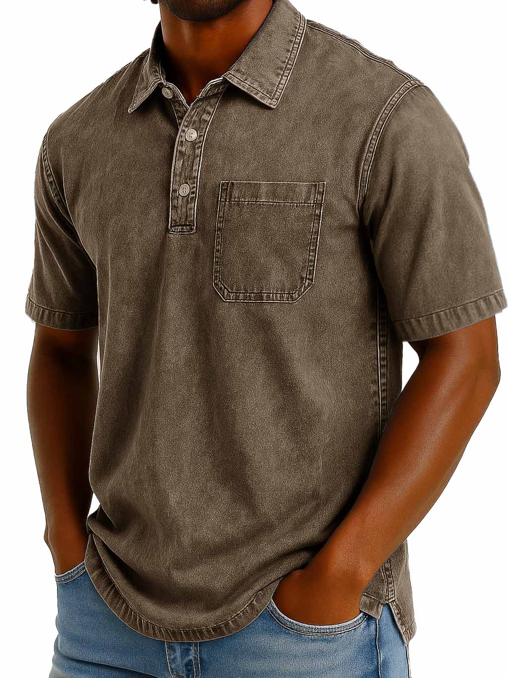Men's Fashion Casual Retro Washed Short-sleeved Lapel Pocket Polo Shirt 