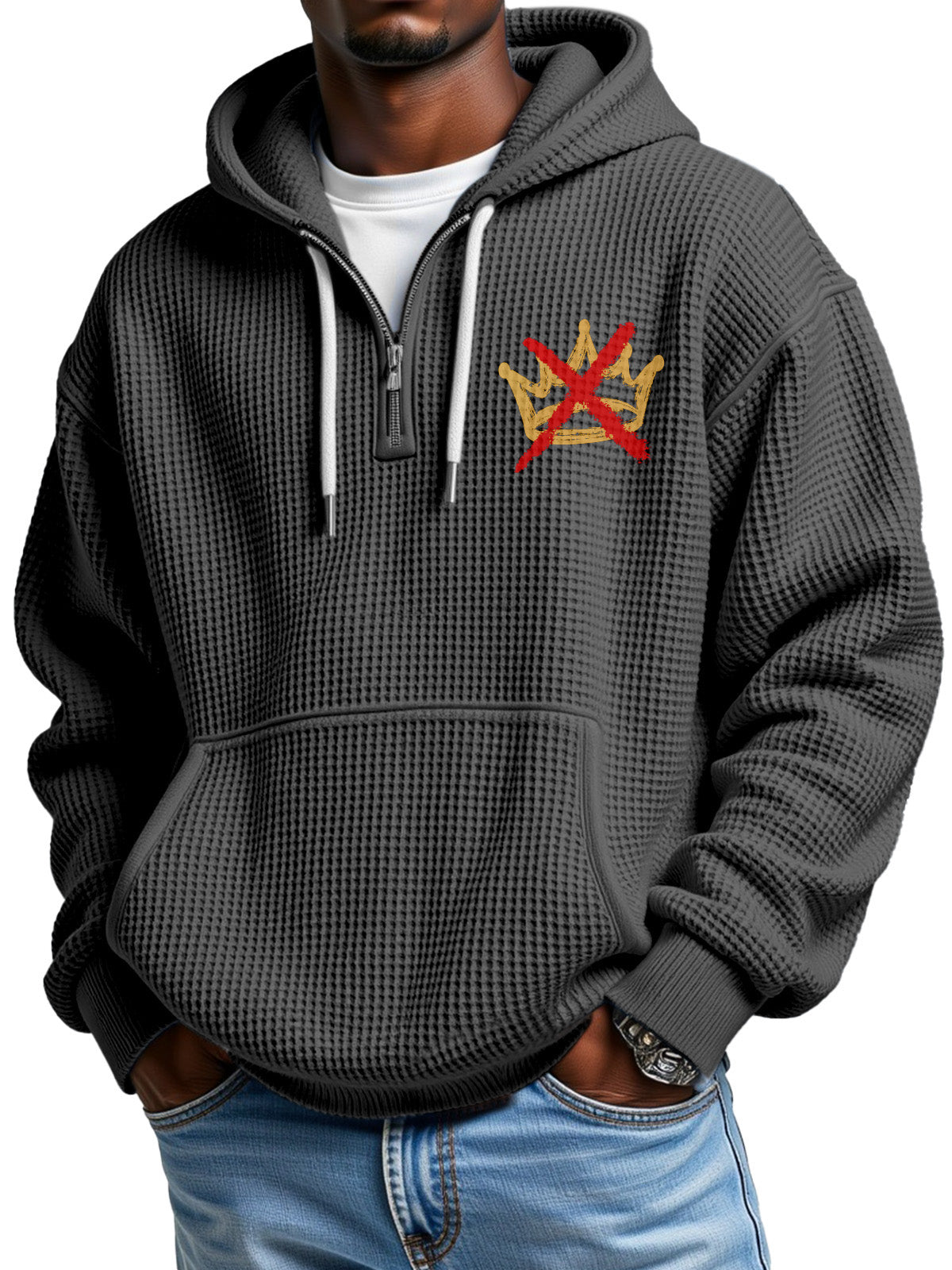 No King Waffle Texture Zipper Hooded Long-sleeved Sweatshirt