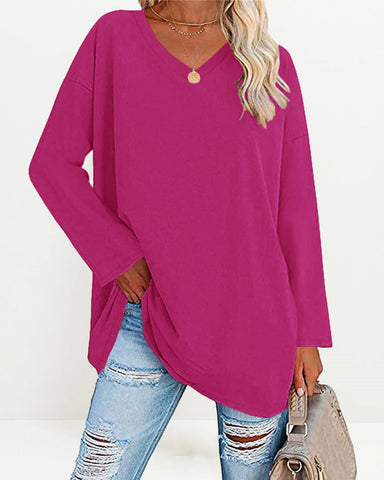 Women's Solid Color V Neck Long Sleeve Pullover Basic T-shirts Casual Sweatshirt