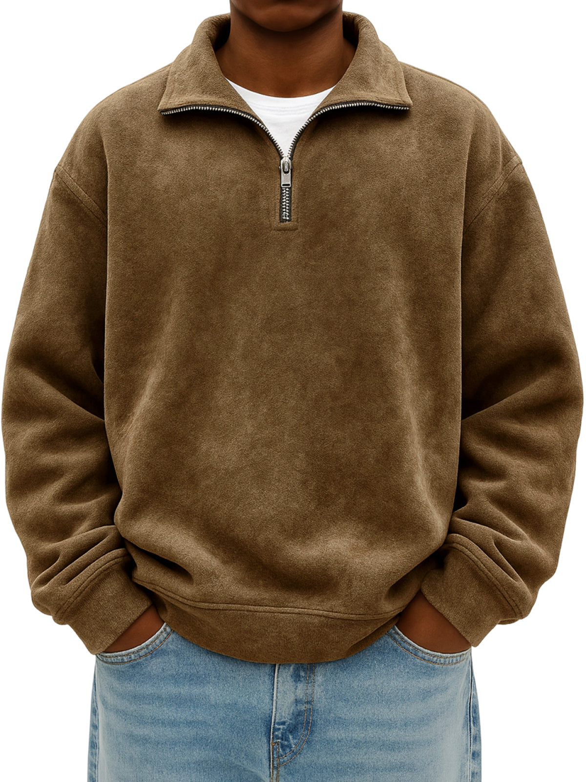 Men's Quarter Zip Stylish Suede Distressed Pullover