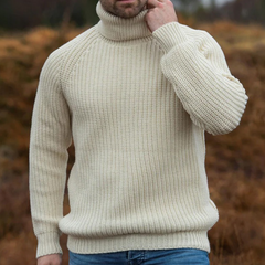 Men's Retro Western Style Knitted Sweater Turtleneck Pullover Off-white