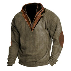 Men's Outdoor Casual Zip Polo Stand Collar Long Sleeve Sweatshirt Double Layer Lapel Fur Leather Collar Pullover