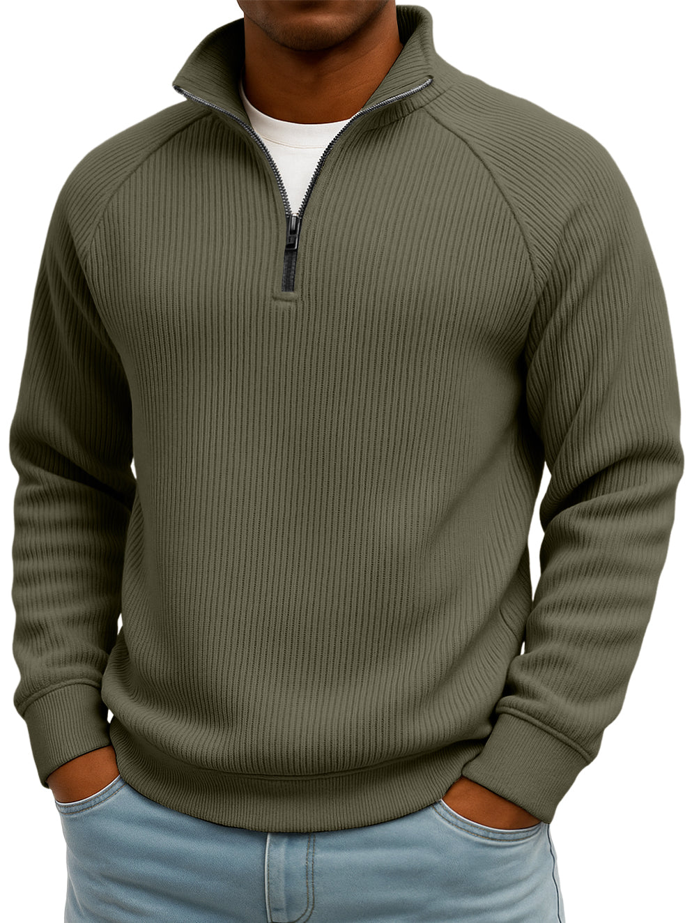 Men's Simple Casual Ribbed Stand-up Collar Quarter Zip Raglan Sleeve Sweatshirt