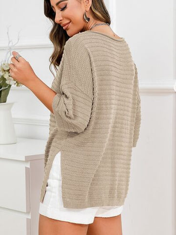 Women's Rolled Round Neck Dropped Shoulder Slit Sweater
