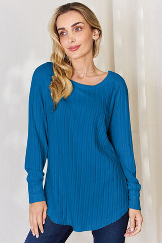 Women's Basic Bae Full Size Ribbed Round Neck Slit T-Shirt
