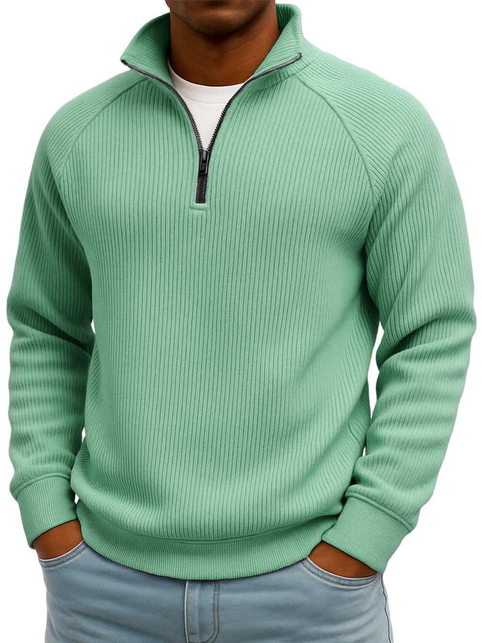Men's Simple Casual Ribbed Stand-up Collar Quarter Zip Raglan Sleeve Sweatshirt