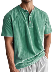 Men's Washed And Distressed Cotton Vintage Henley Collar Short-sleeved T-shirt