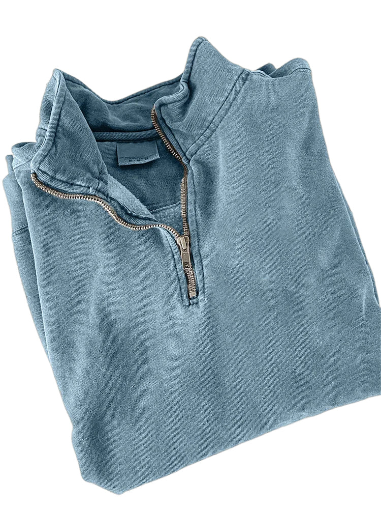 Men's Quarter Zip Distressed Washed Cotton Zipper Long Sleeve Sweatshirt